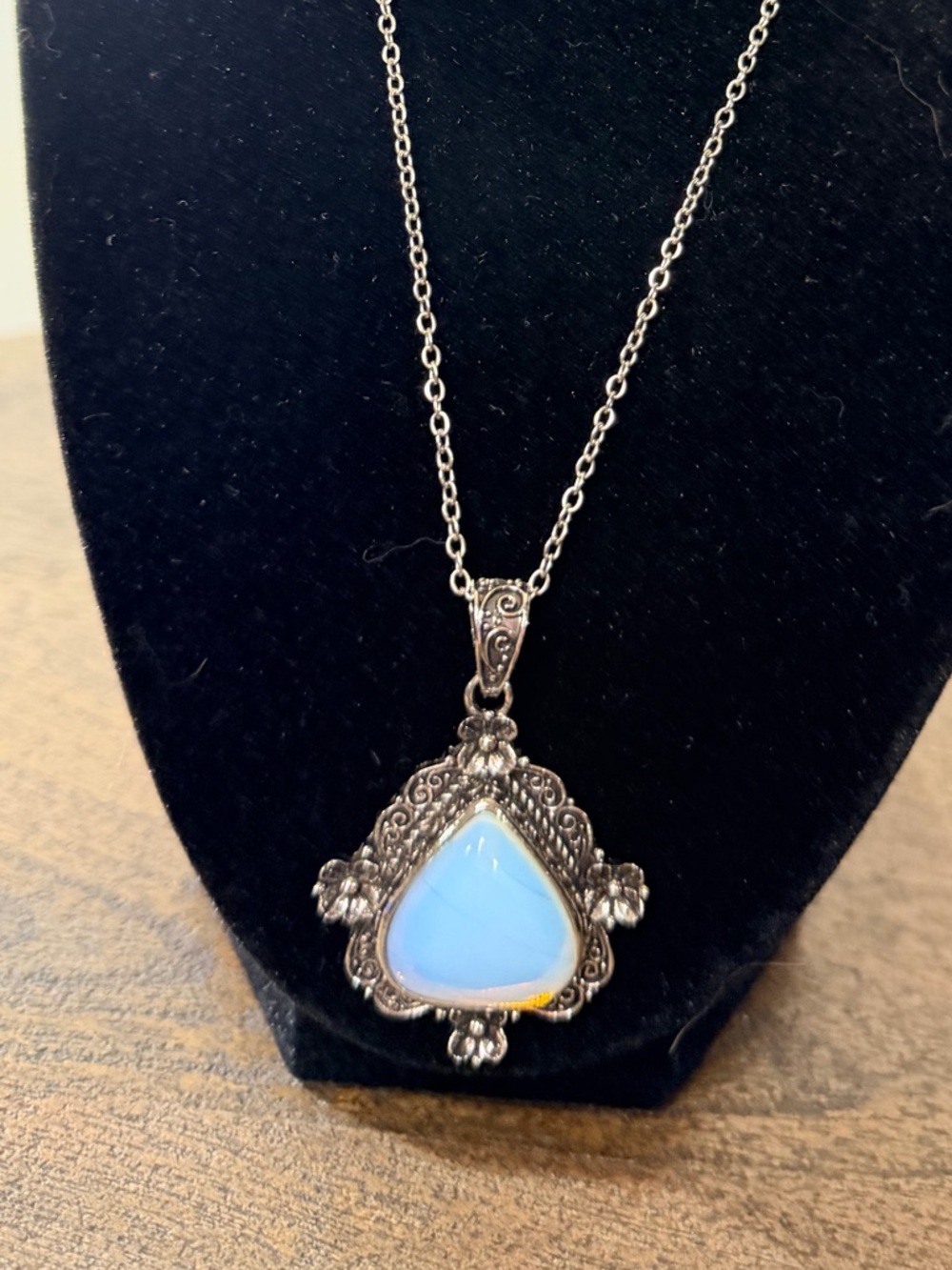 Silver-Tone Opalite Teardrop Pendant Necklace - Blue